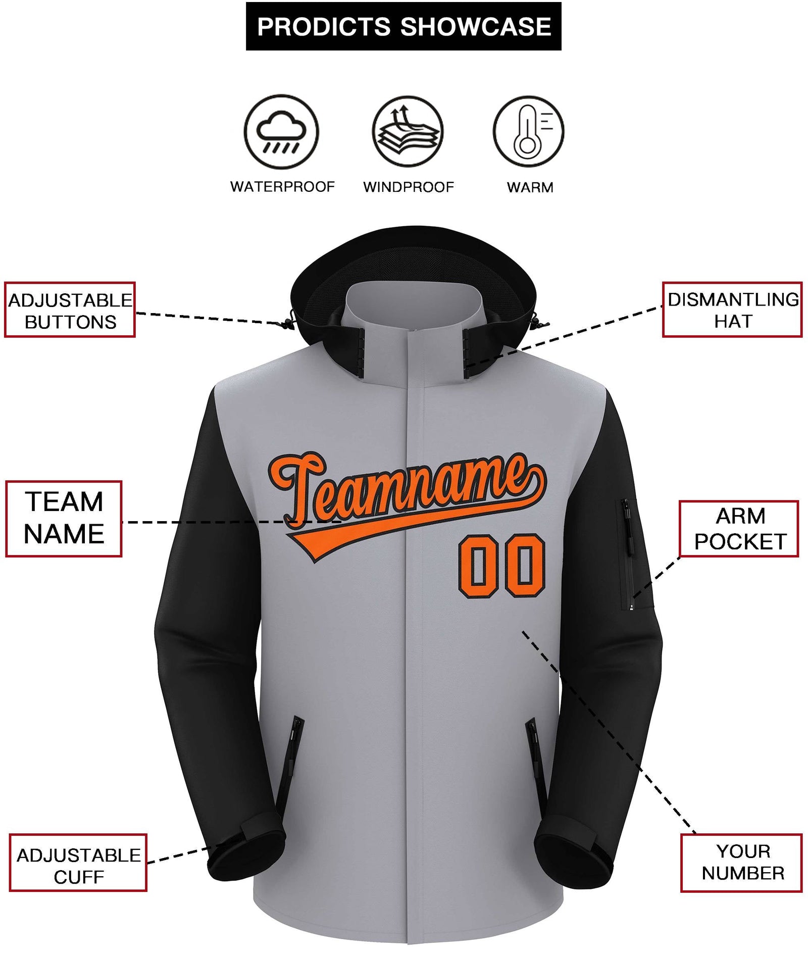 Custom Gray Black-Orange Raglan Sleeves Waterproof Jacket
