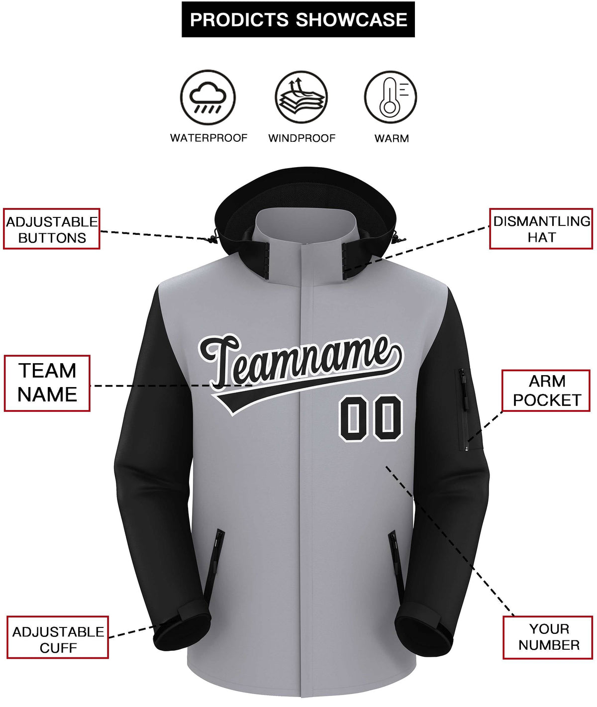 Custom Gray Black-White Raglan Sleeves Waterproof Jacket