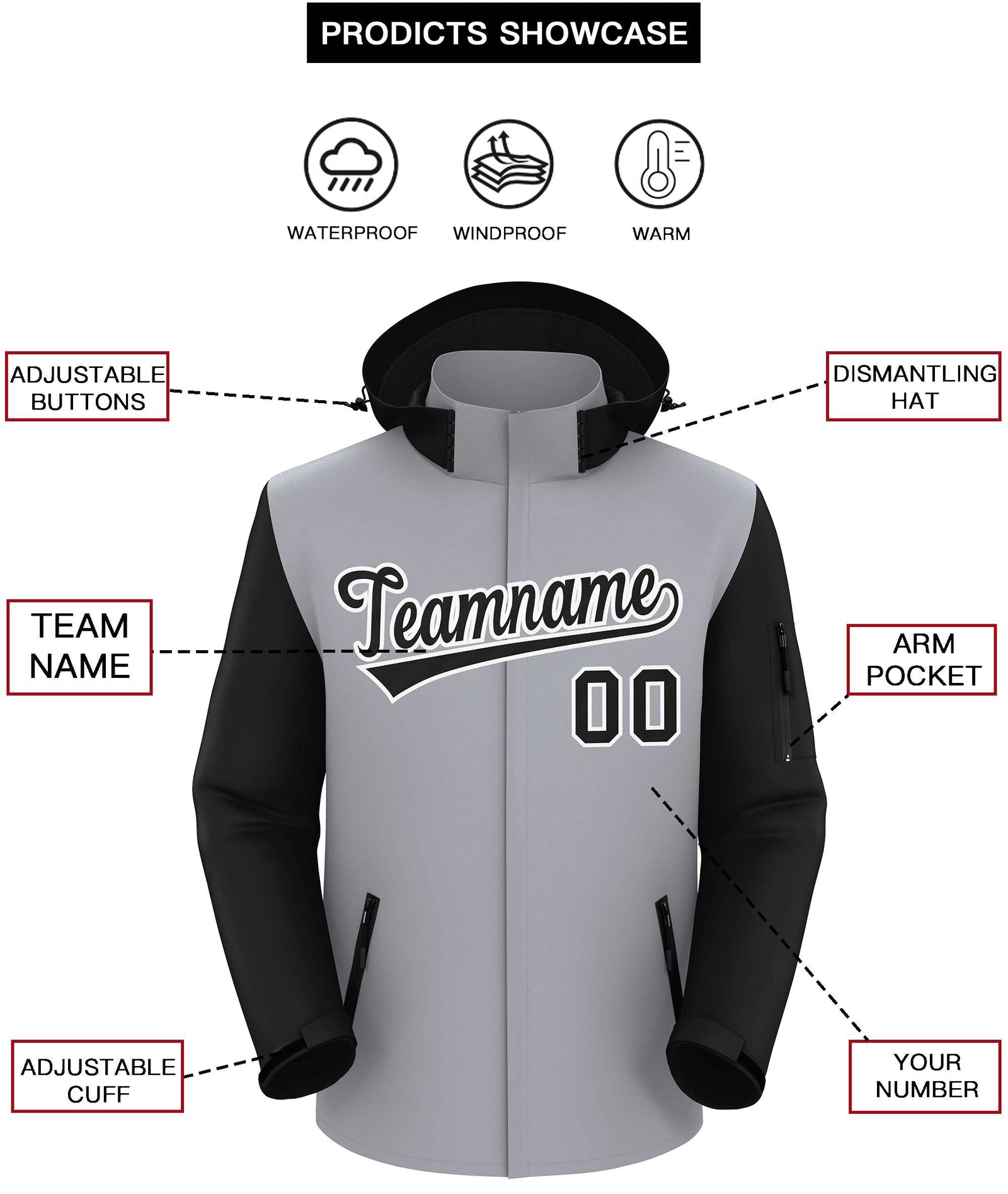 Custom Gray Black-White Raglan Sleeves Waterproof Jacket