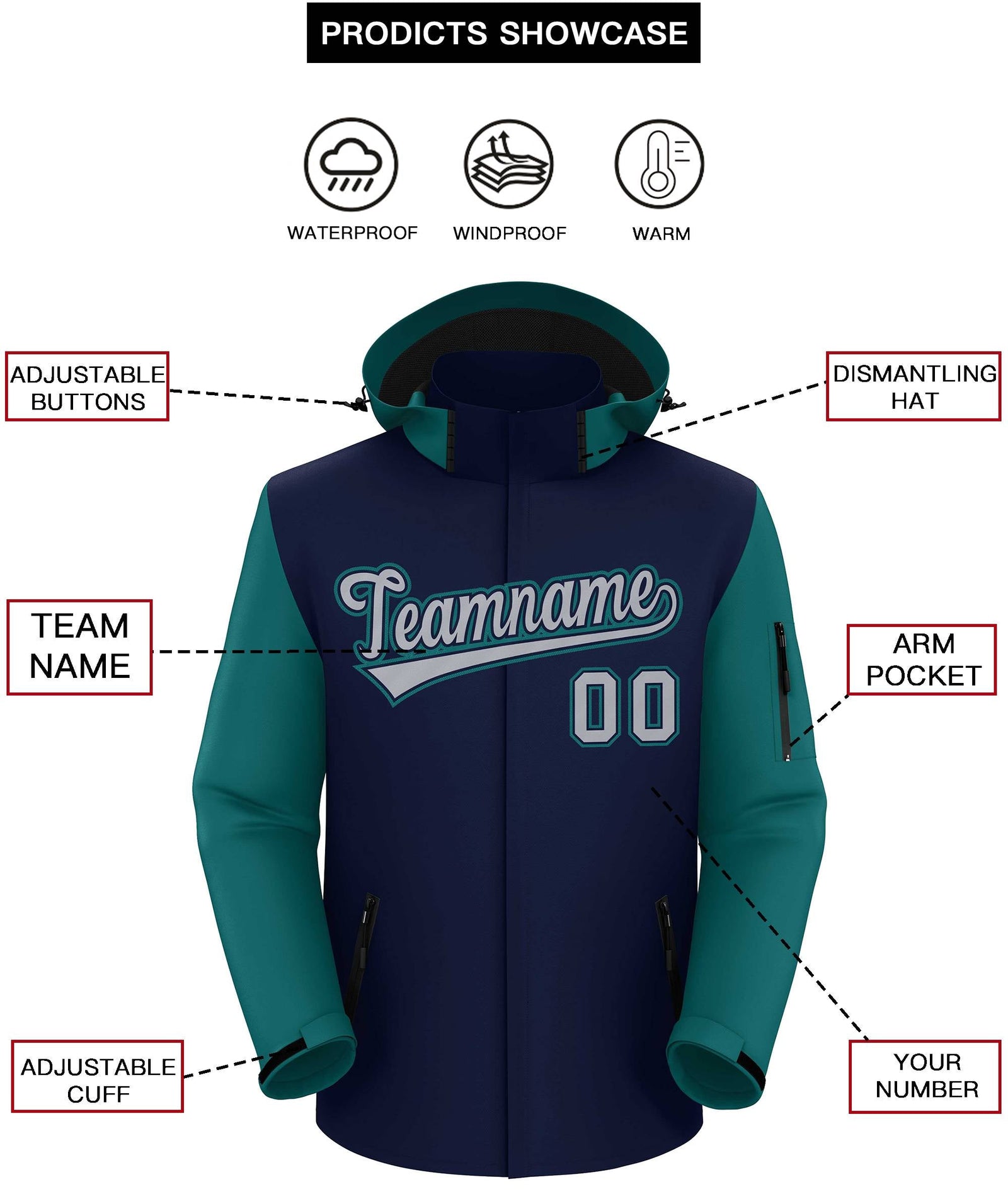 Custom Navy Teal-Gray Raglan Sleeves Waterproof Jacket