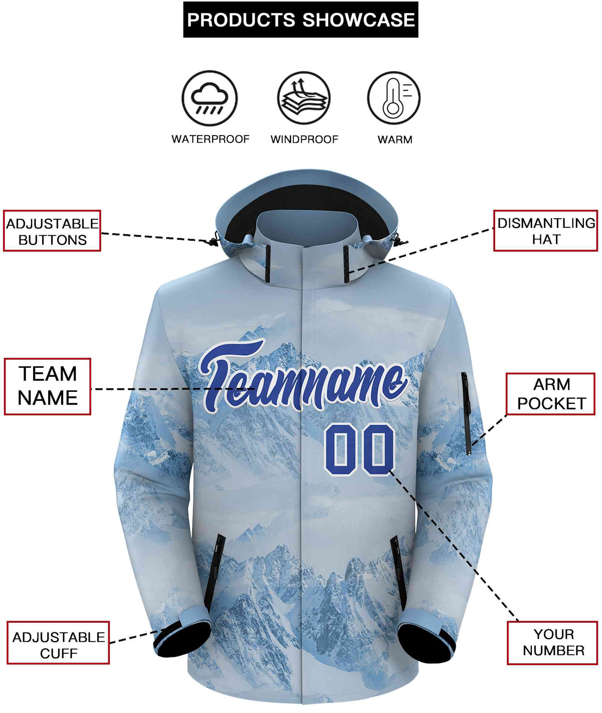 Custom Light Blue Royal-White Graffiti Pattern Outdoor Personalized Waterproof Jacket for Climbing