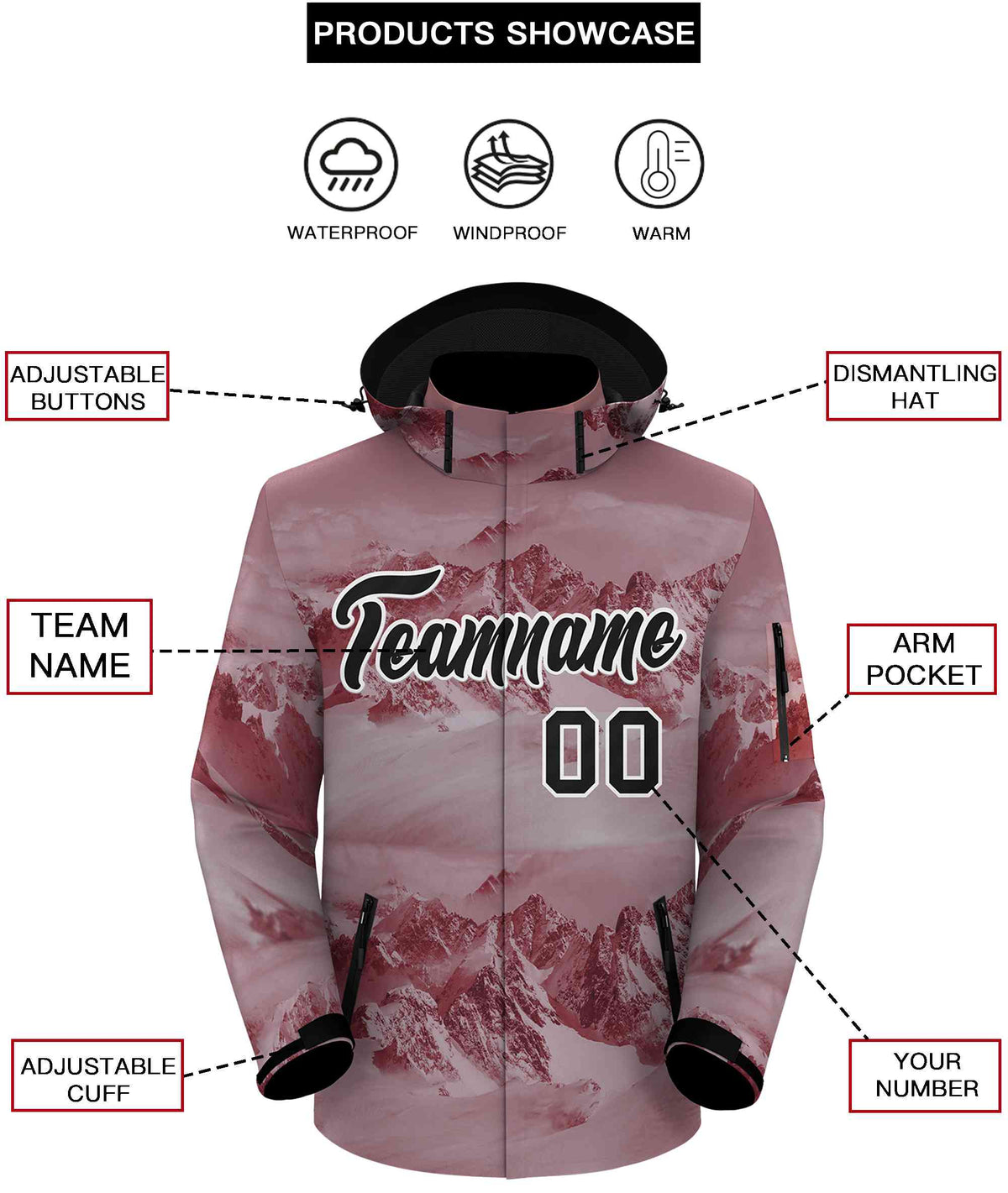 Custom Crimson Black-White Graffiti Pattern Outdoor Personalized Waterproof Jacket for Climbing