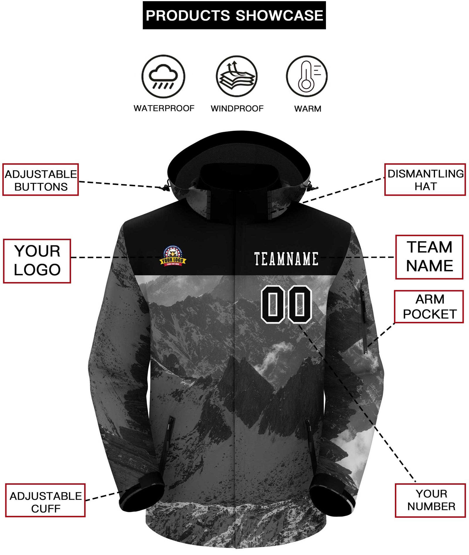 Custom Black White Snow Mountain Graffiti Pattern Personalized Outdoor Hooded Waterproof Jacket