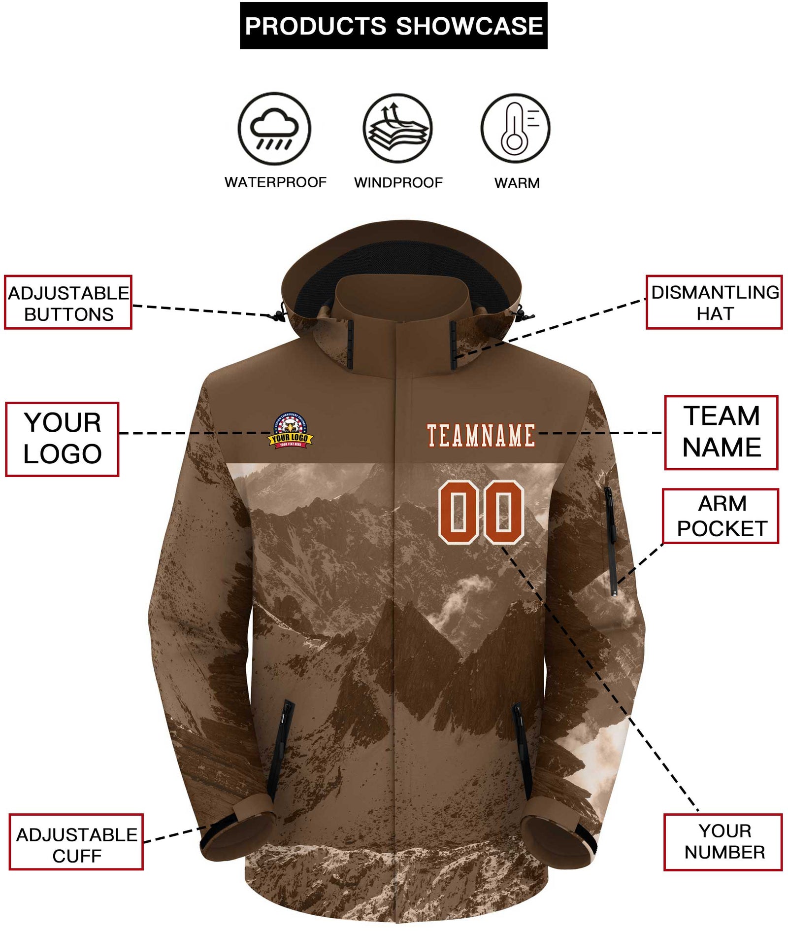 Custom Lt Brown Texas Orange Snow Mountain Graffiti Pattern Personalized Outdoor Hooded Waterproof Jacket