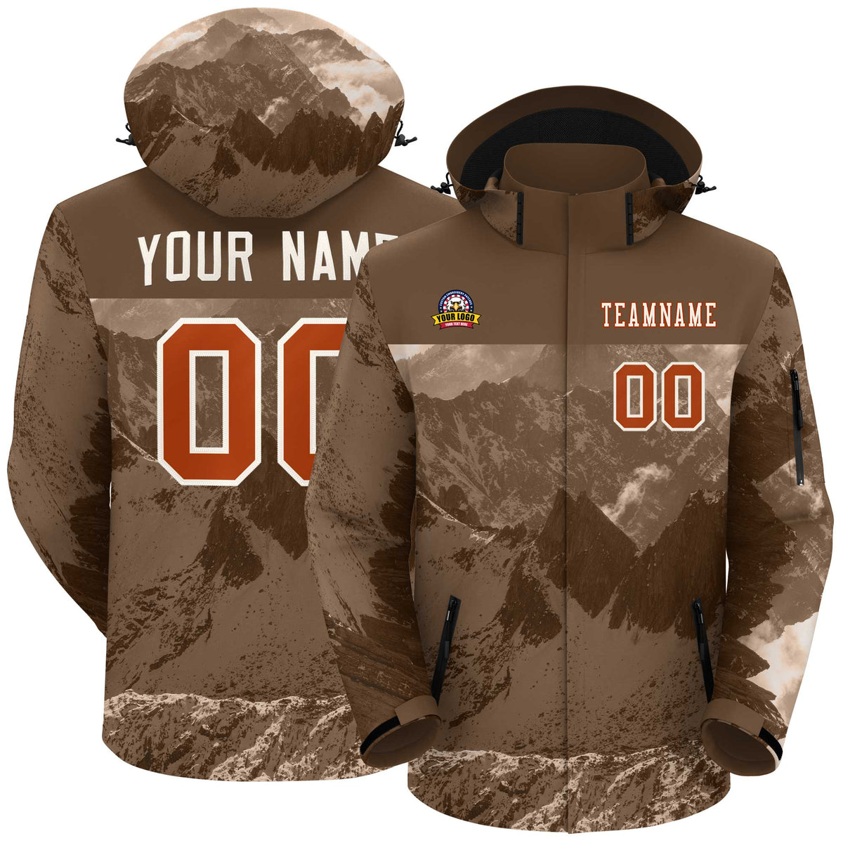 Custom Lt Brown Texas Orange Snow Mountain Graffiti Pattern Personalized Outdoor Hooded Waterproof Jacket