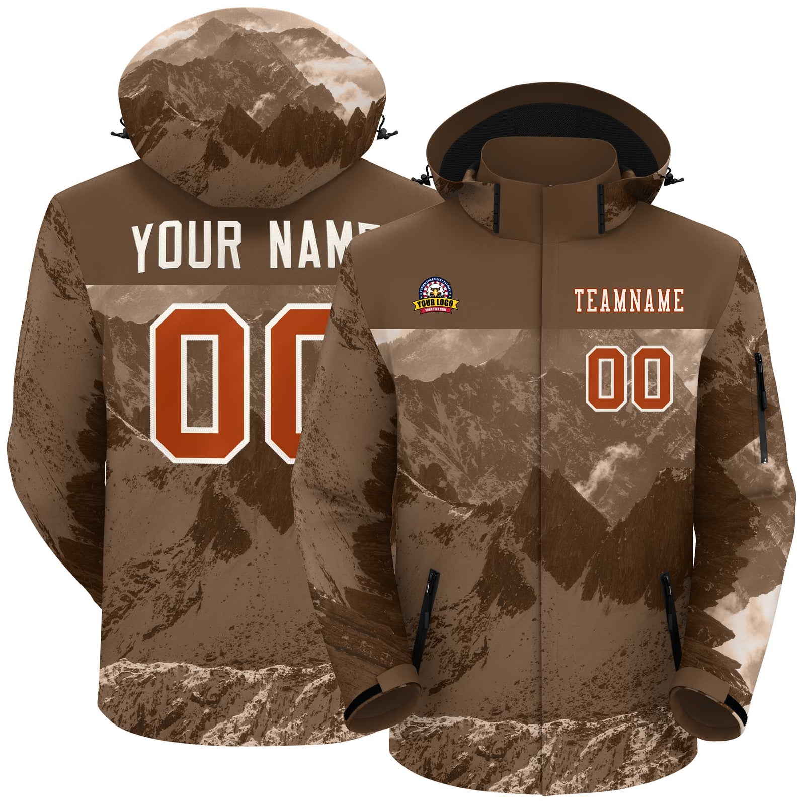 Custom Lt Brown Texas Orange Snow Mountain Graffiti Pattern Personalized Outdoor Hooded Waterproof Jacket