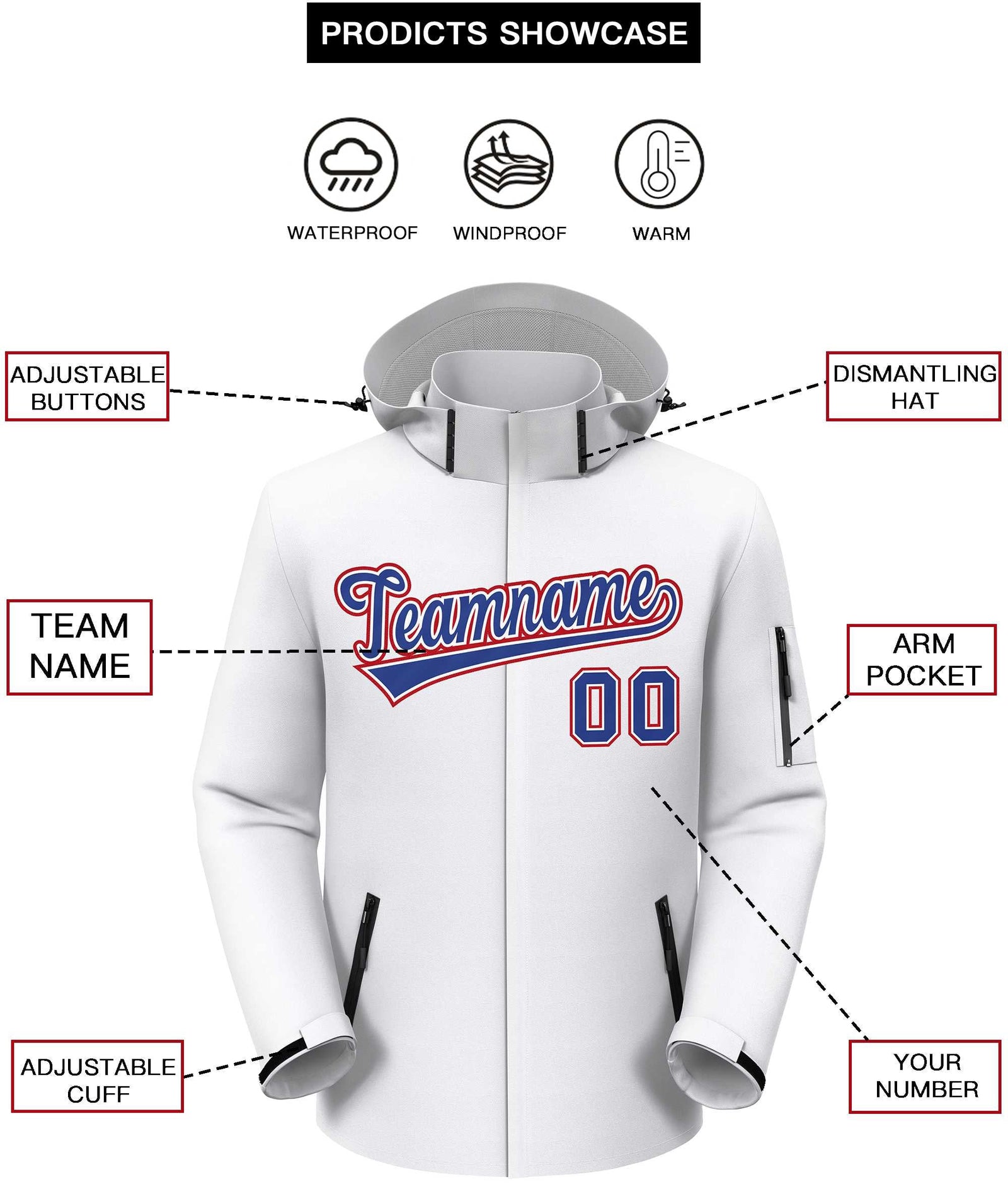 Custom White Royal-Red Classic Style Waterproof Jacket