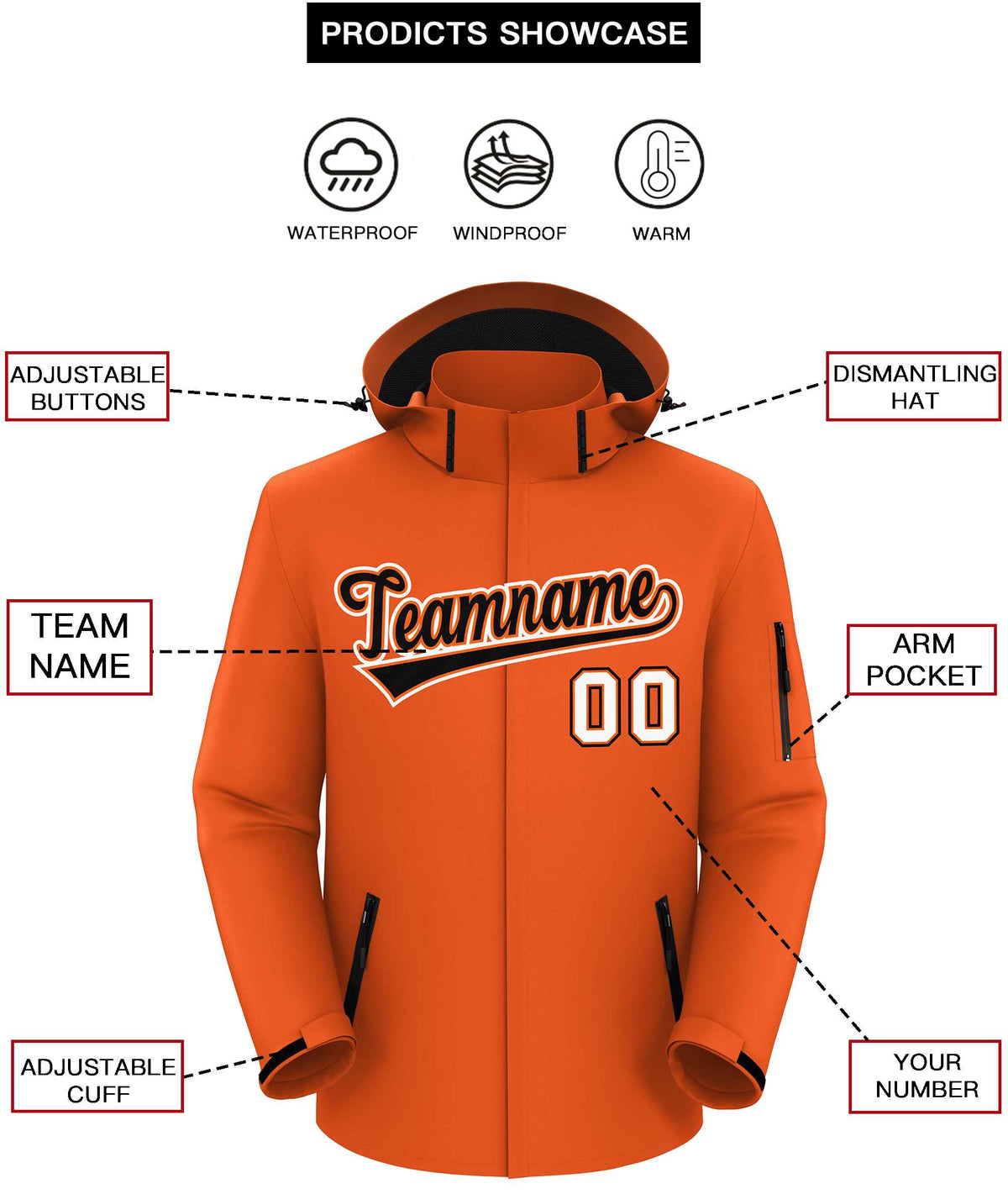 Custom Orange Black-White Classic Style Waterproof Jacket