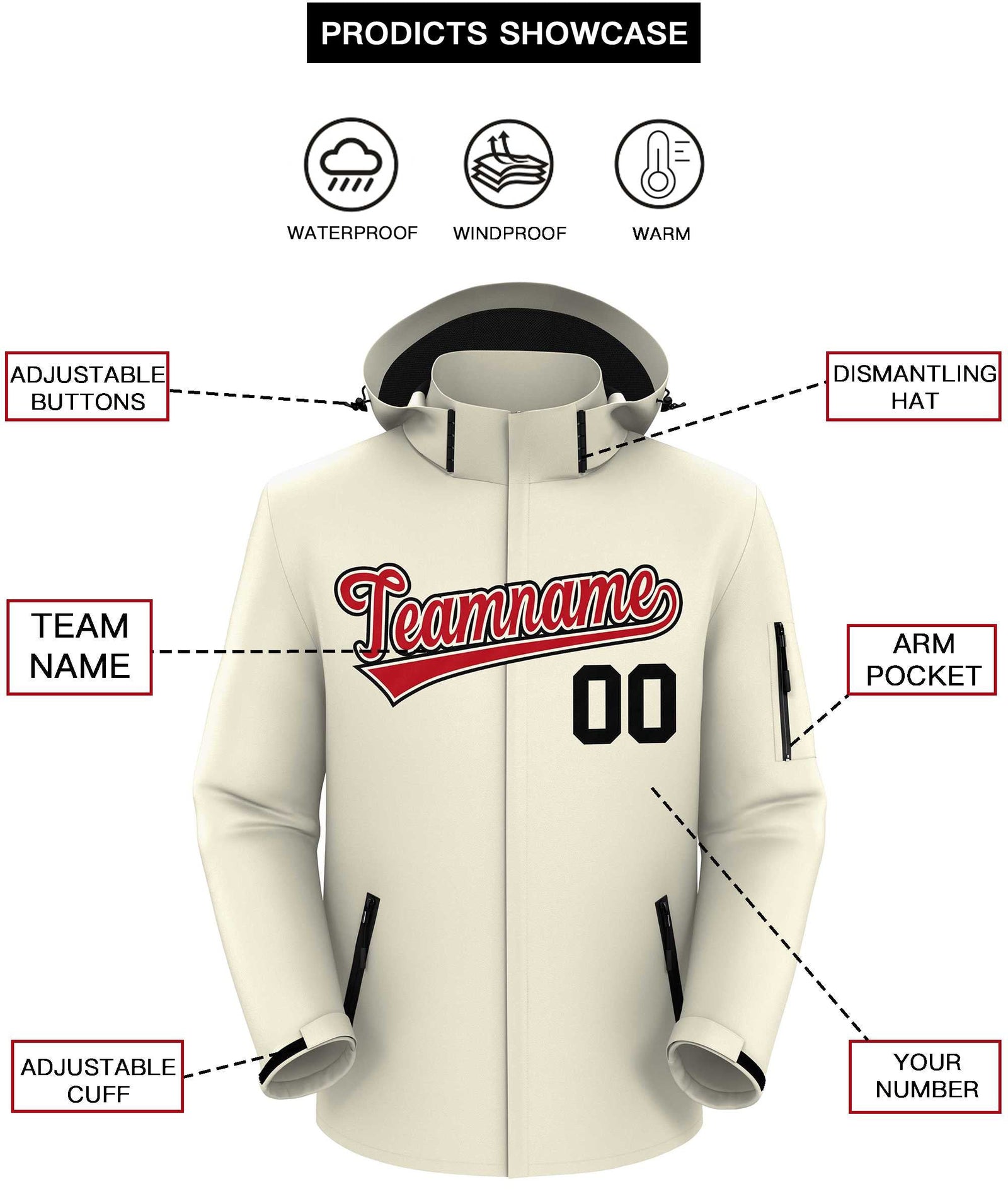 Custom Cream Red-Black Classic Style Waterproof Jacket