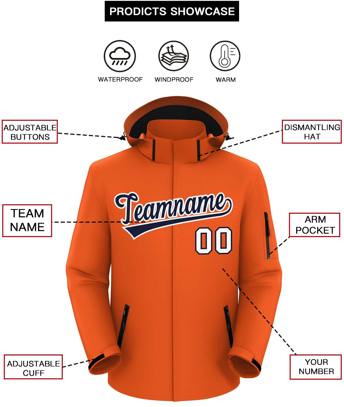 Custom Orange Navy-White Classic Style Waterproof Jacket