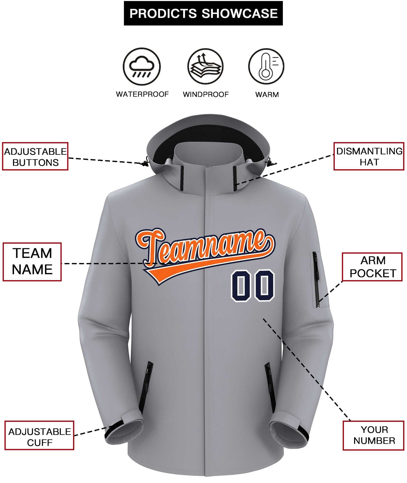 Custom Gray Orange-Navy Classic Style Waterproof Jacket