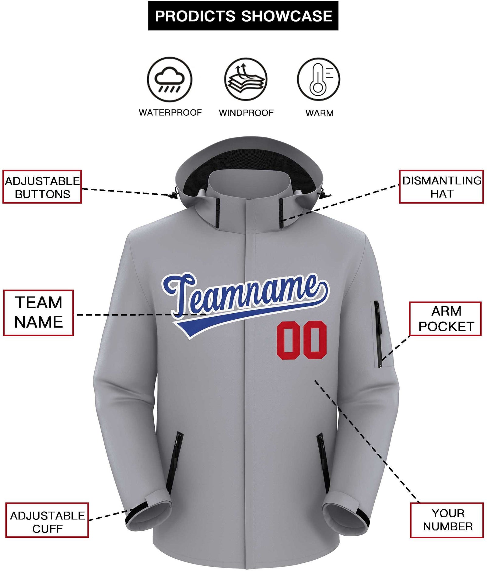 Custom Gray Royal-White Classic Style Waterproof Jacket