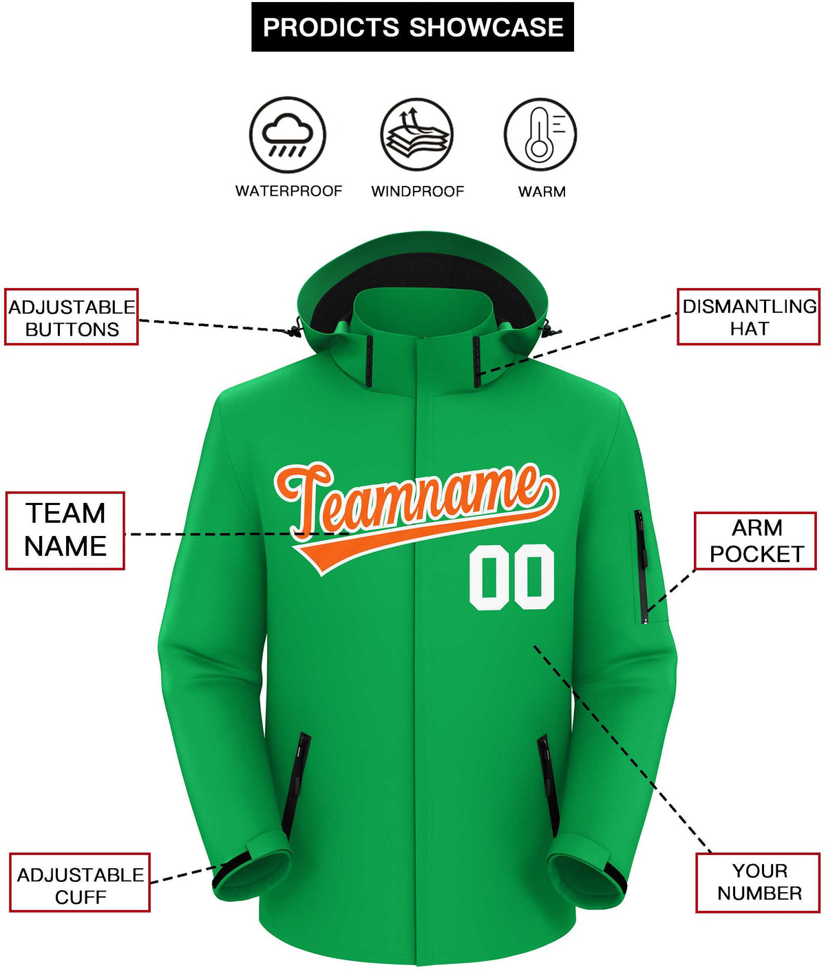 Custom Kelly Green Orange-White Classic Style Waterproof Jacket