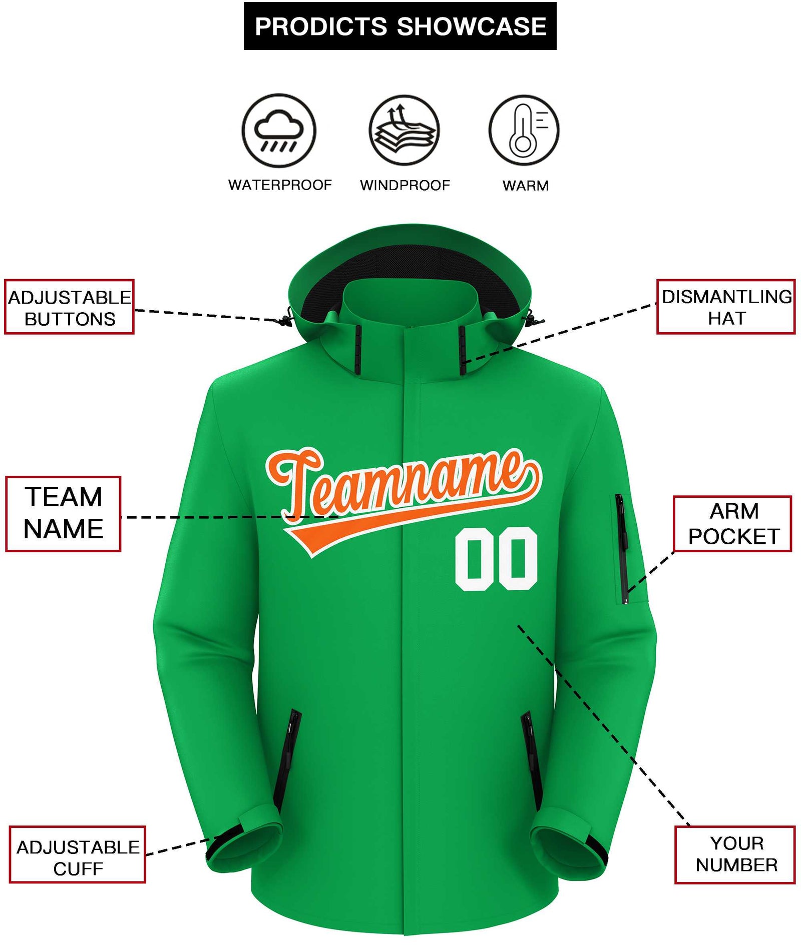 Custom Kelly Green Orange-White Classic Style Waterproof Jacket