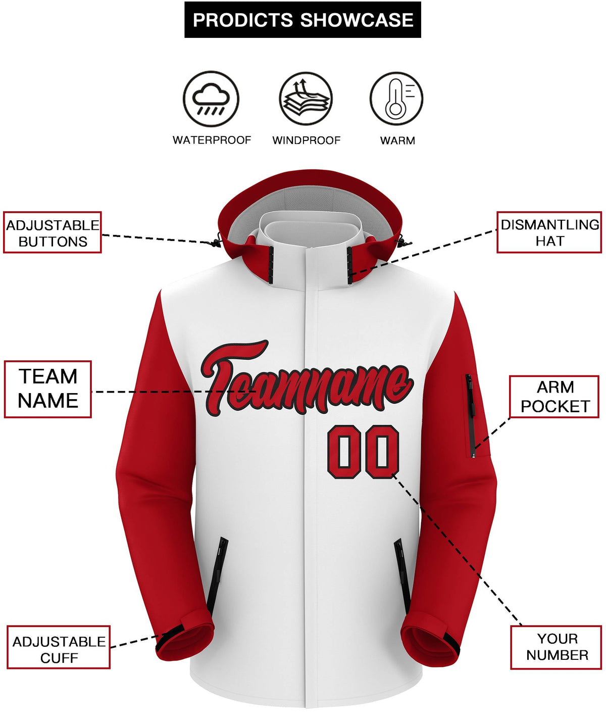 Custom White Red-Black Raglan Sleeves Waterproof Jacket