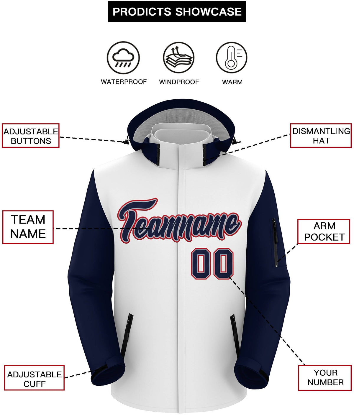 Custom White Navy-Red Raglan Sleeves Waterproof Jacket