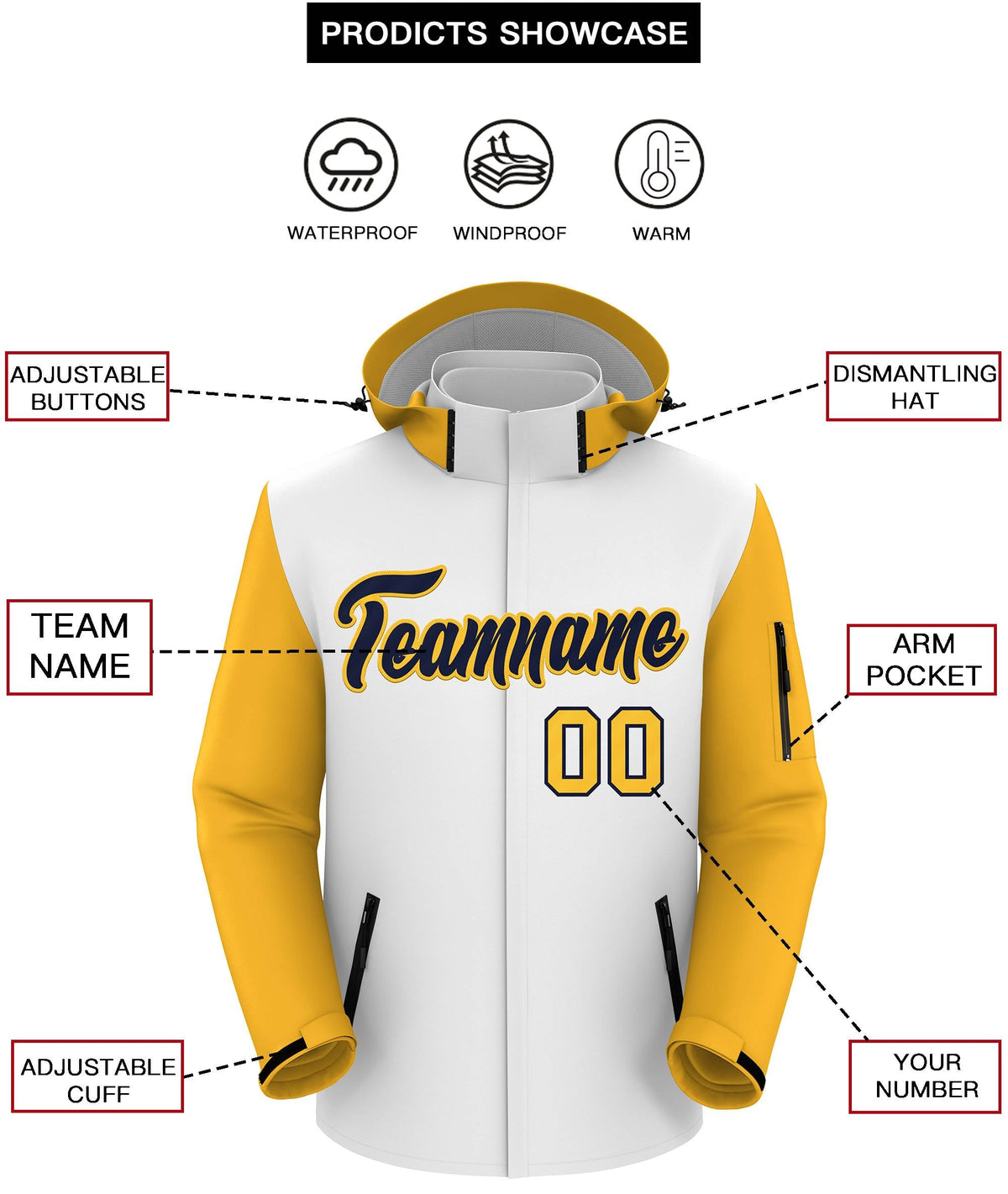 Custom White Gold-Navy Raglan Sleeves Waterproof Jacket