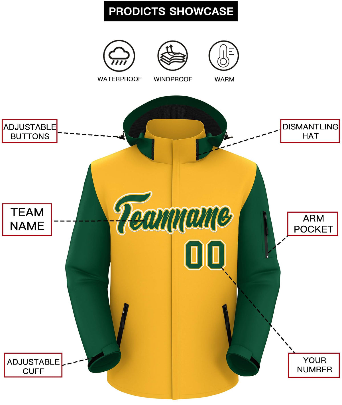 Custom Gold Green-White Raglan Sleeves Waterproof Jacket