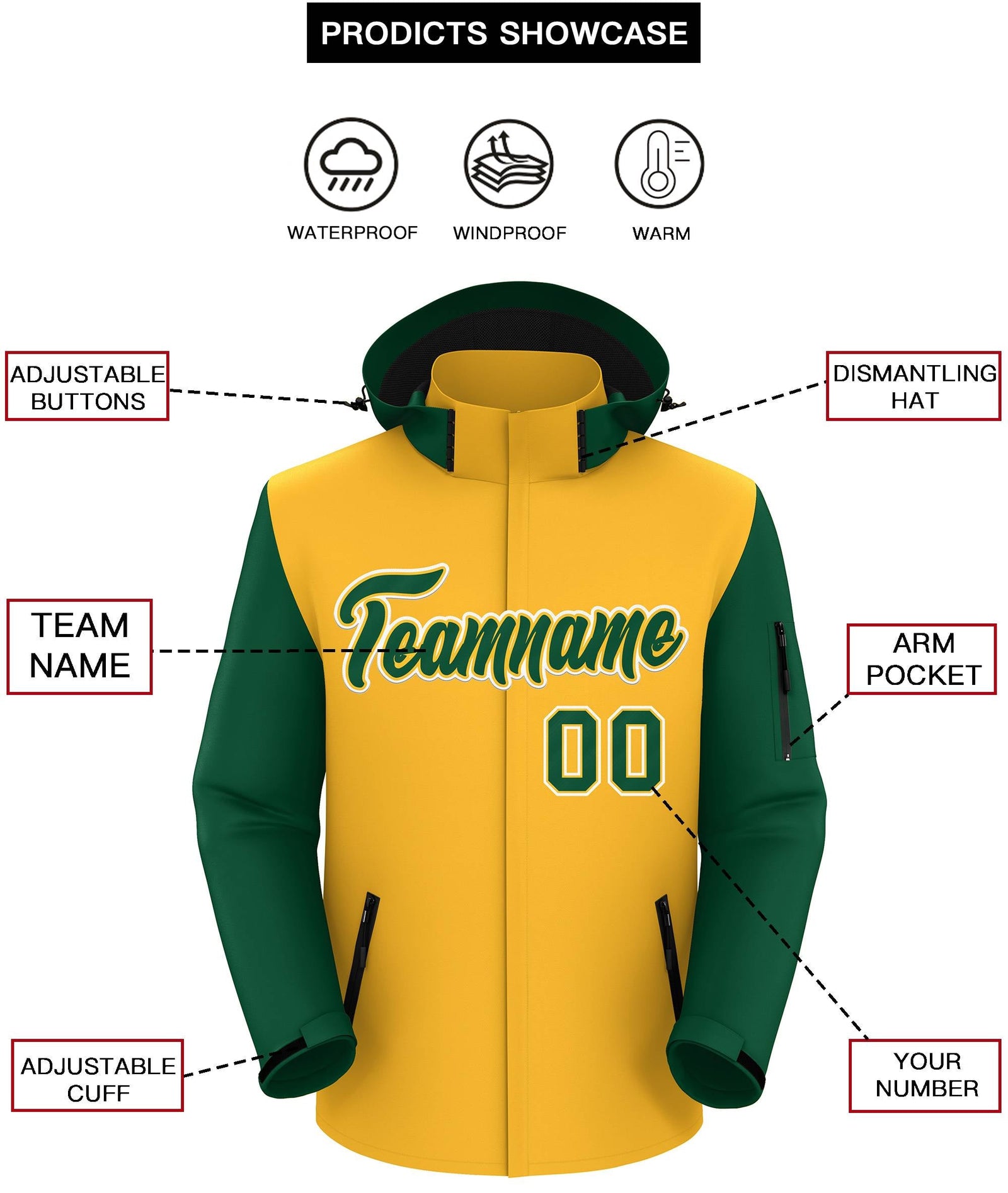 Custom Gold Green-White Raglan Sleeves Waterproof Jacket