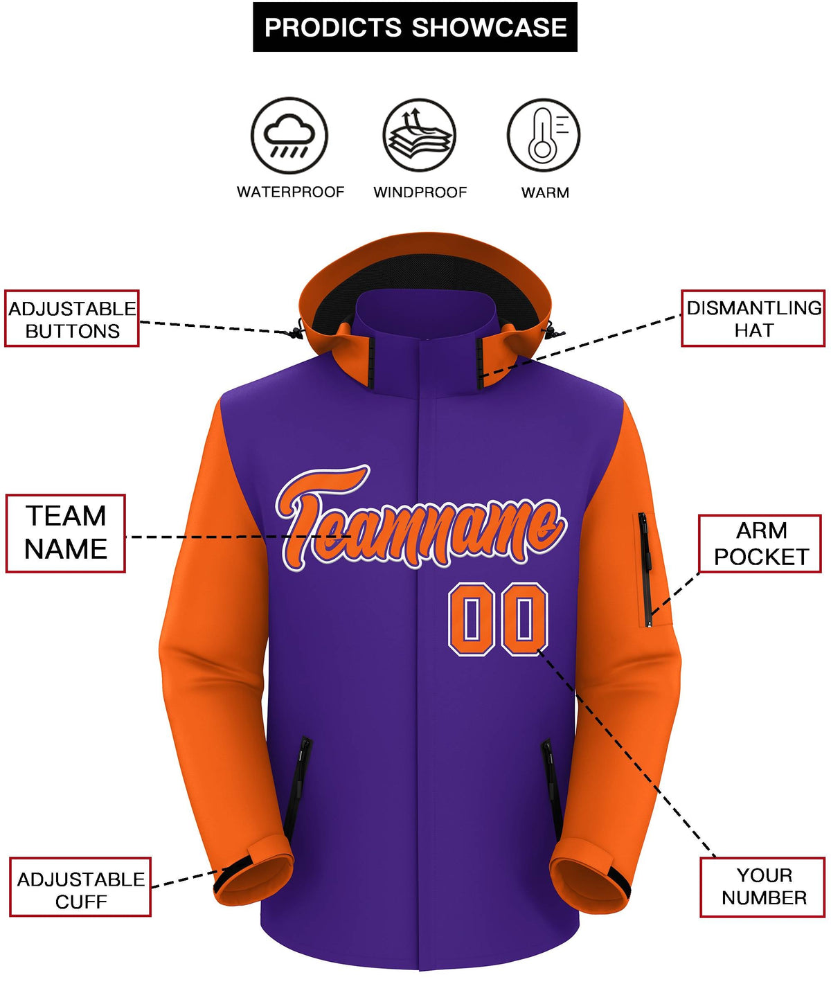 Custom Purple Orange-White Raglan Sleeves Waterproof Jacket