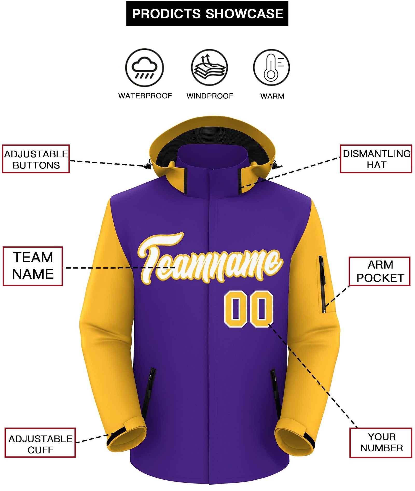 Custom Purple Gold-White Raglan Sleeves Waterproof Jacket