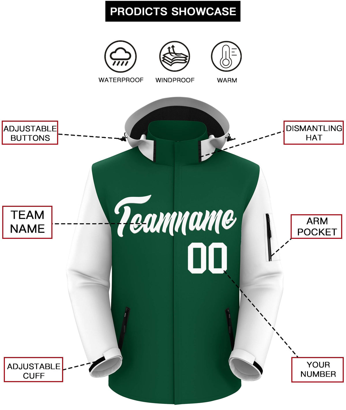 Custom Green White Raglan Sleeves Waterproof Jacket