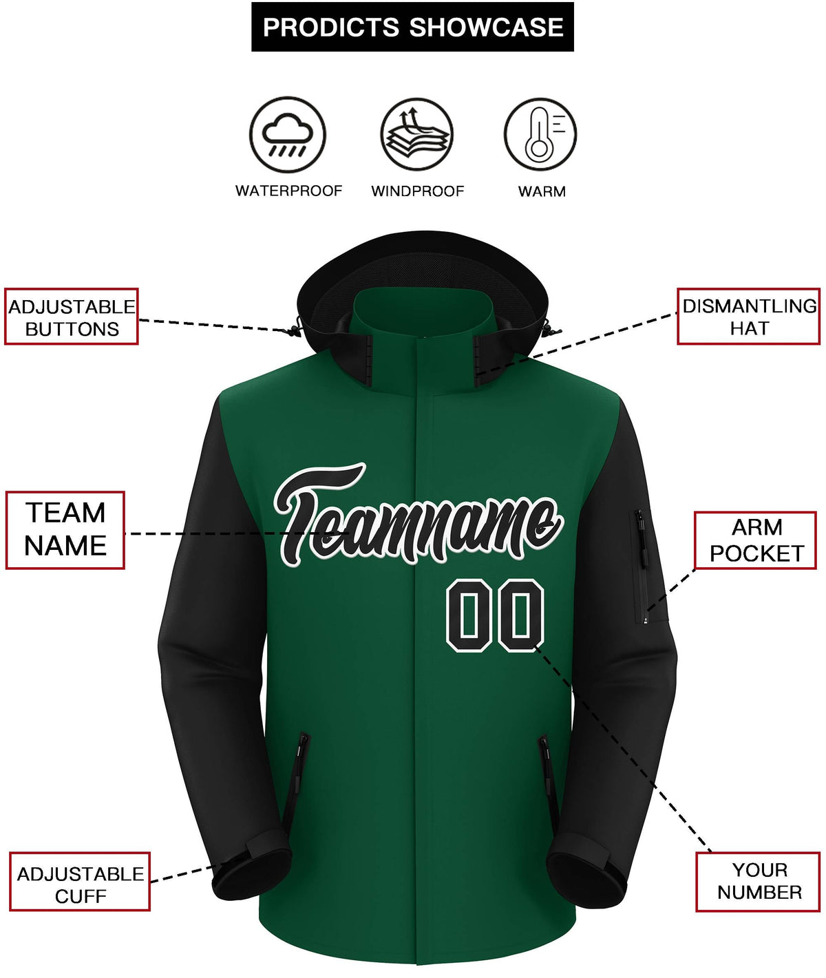 Custom Green Black-White Raglan Sleeves Waterproof Jacket
