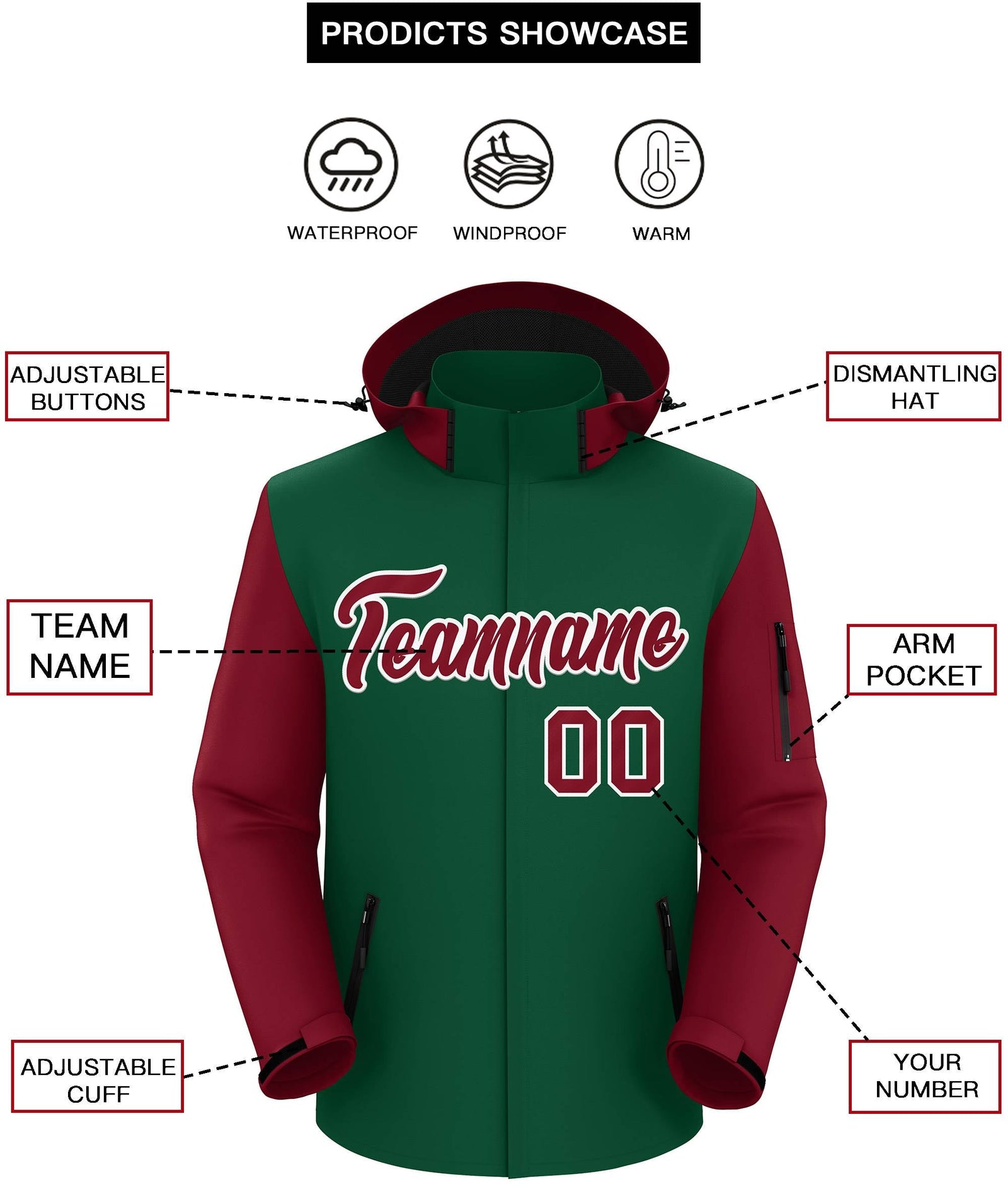 Custom Green Crimson-White Raglan Sleeves Waterproof Jacket