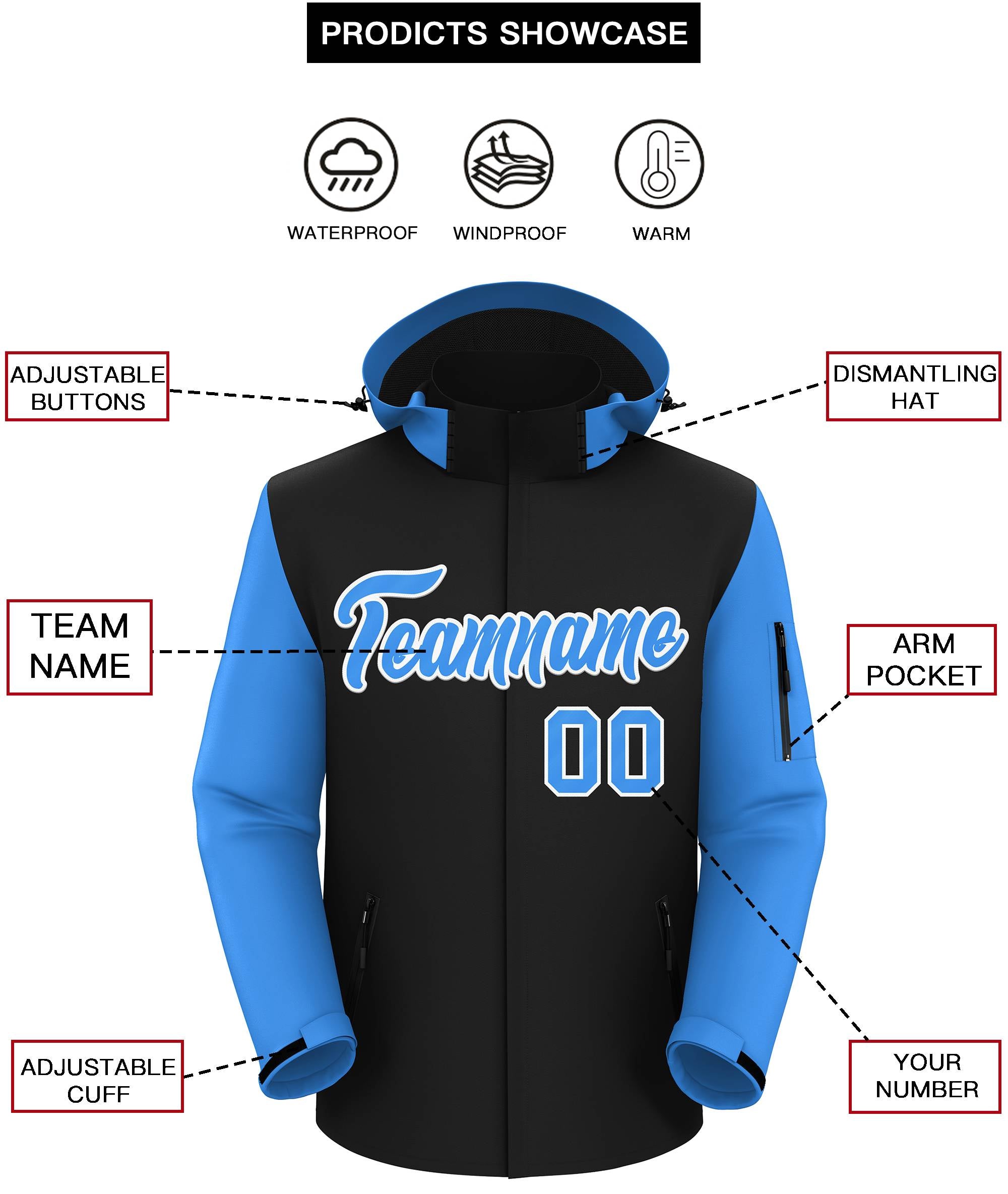 Custom Black Powder Blue-White Raglan Sleeves Waterproof Jacket