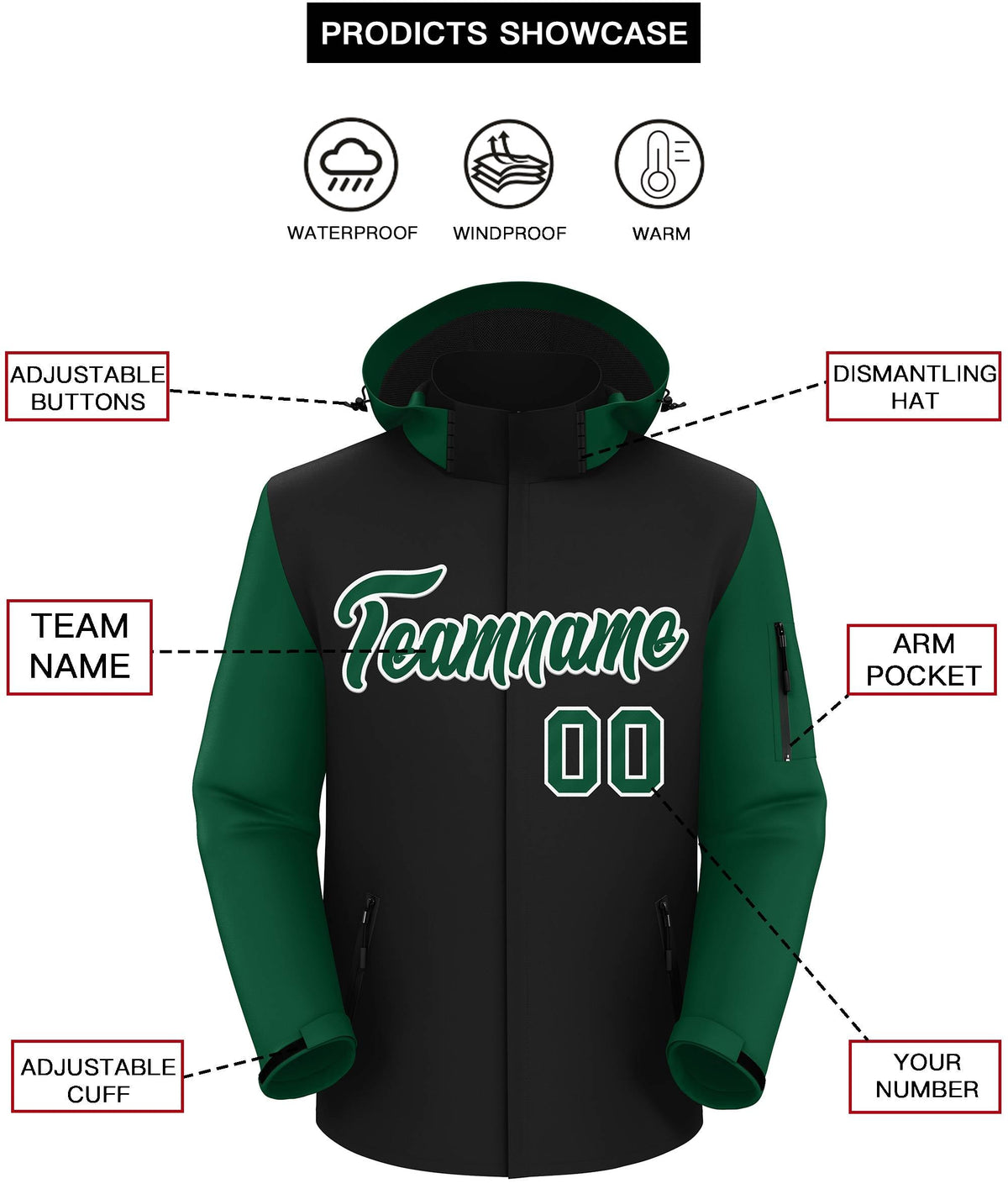 Custom Black Green-White Raglan Sleeves Waterproof Jacket