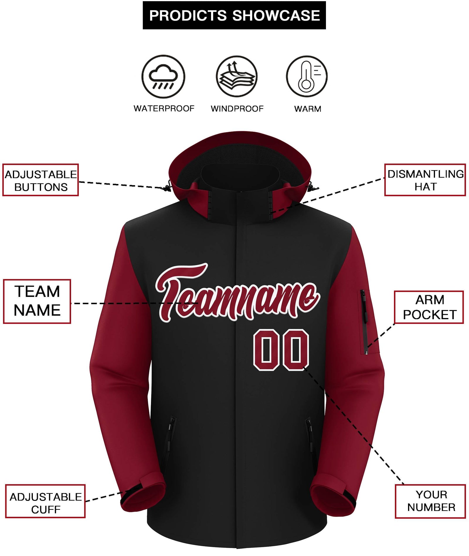 Custom Black Crimson-White Raglan Sleeves Waterproof Jacket