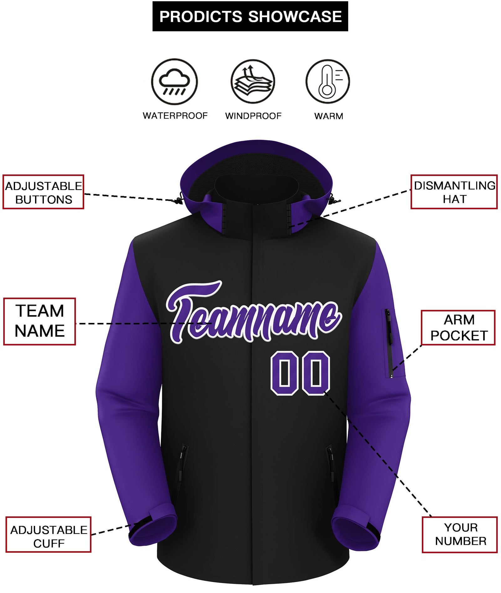Custom Black Purple-White Raglan Sleeves Waterproof Jacket