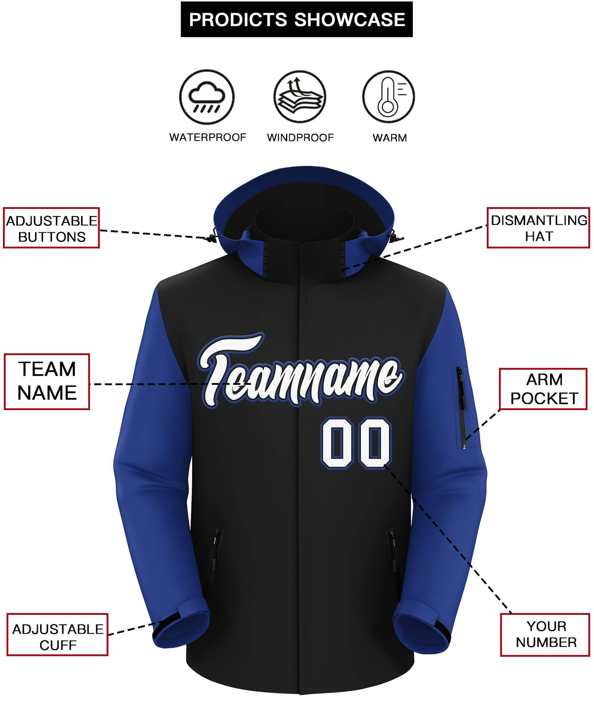 Custom Black Royal-White Raglan Sleeves Waterproof Jacket
