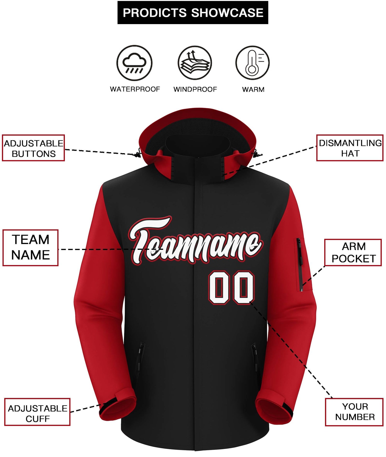 Custom Black Red-White Raglan Sleeves Waterproof Jacket