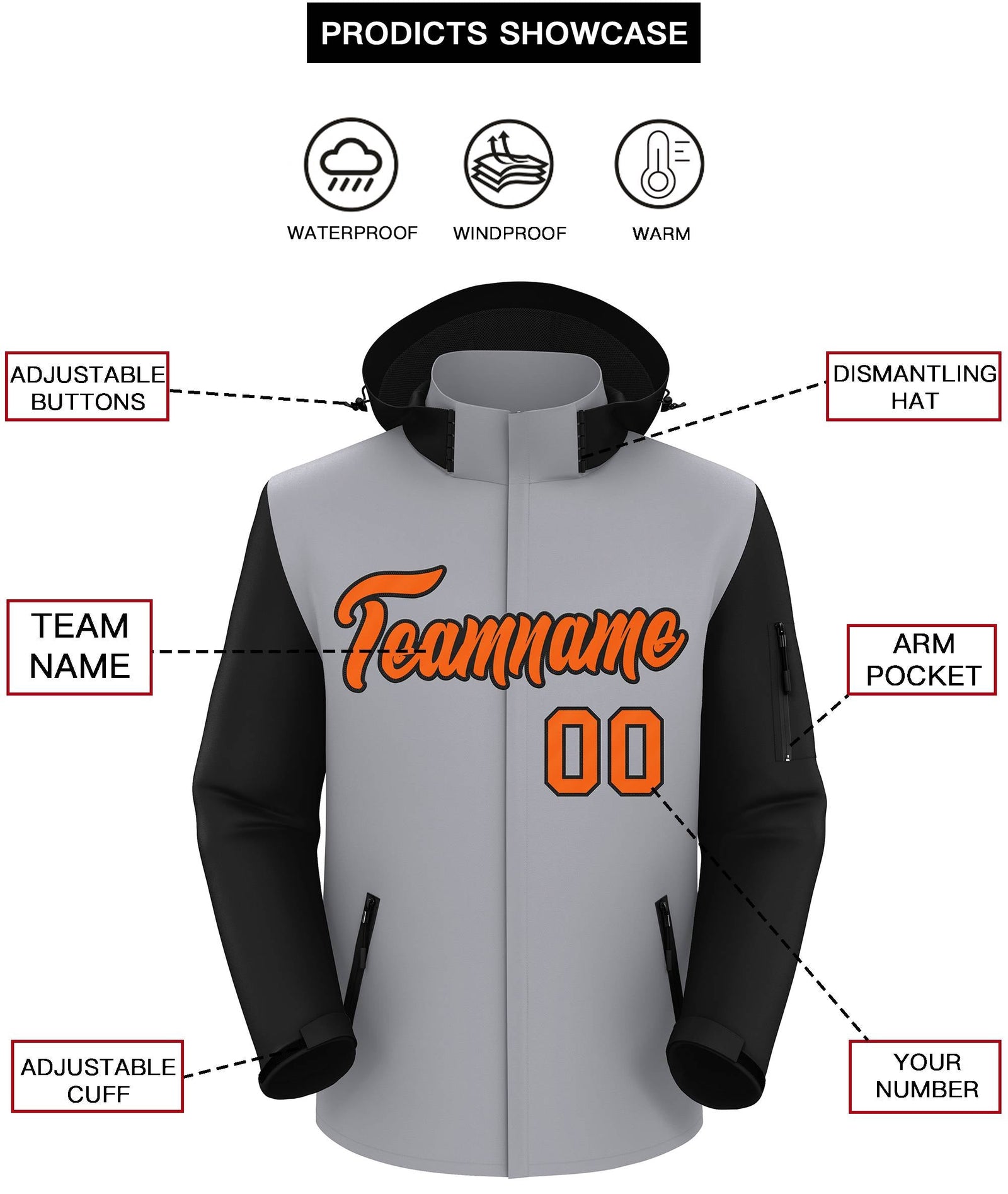 Custom Gray Black-Orange Raglan Sleeves Waterproof Jacket