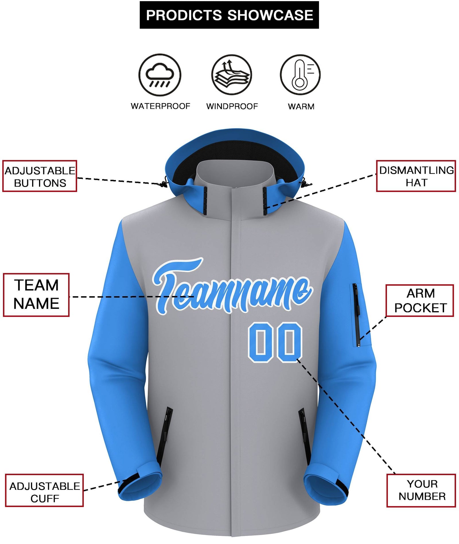Custom Gray Powder Blue-White Raglan Sleeves Waterproof Jacket