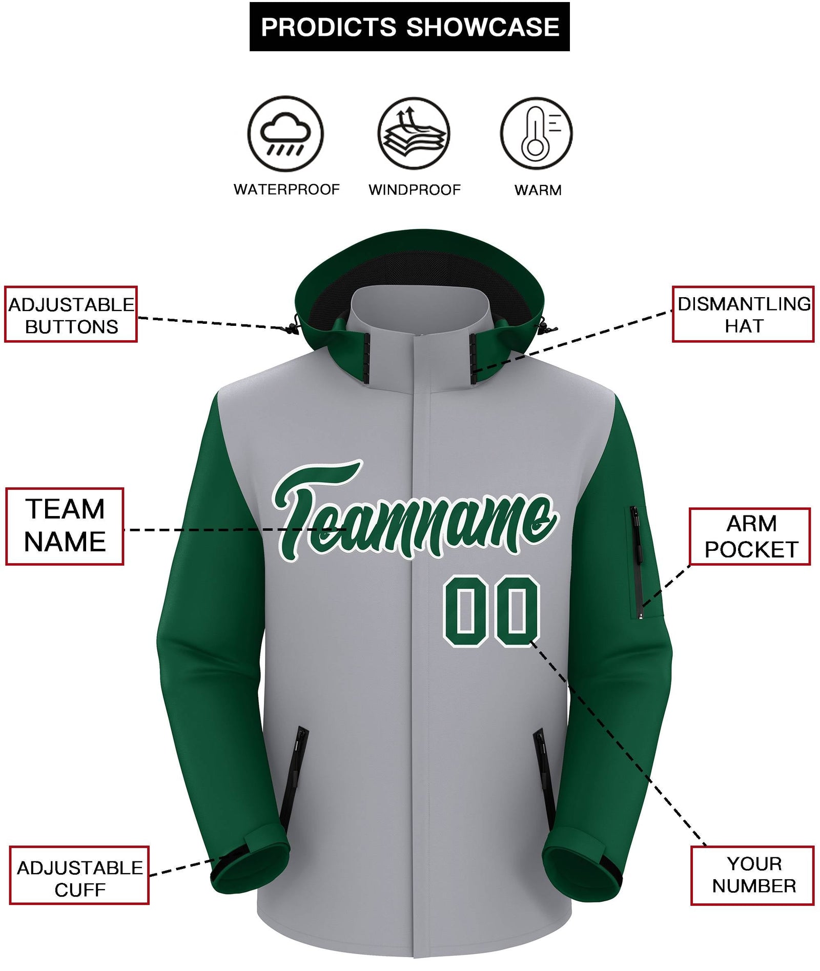 Custom Gray Green-White Raglan Sleeves Waterproof Jacket