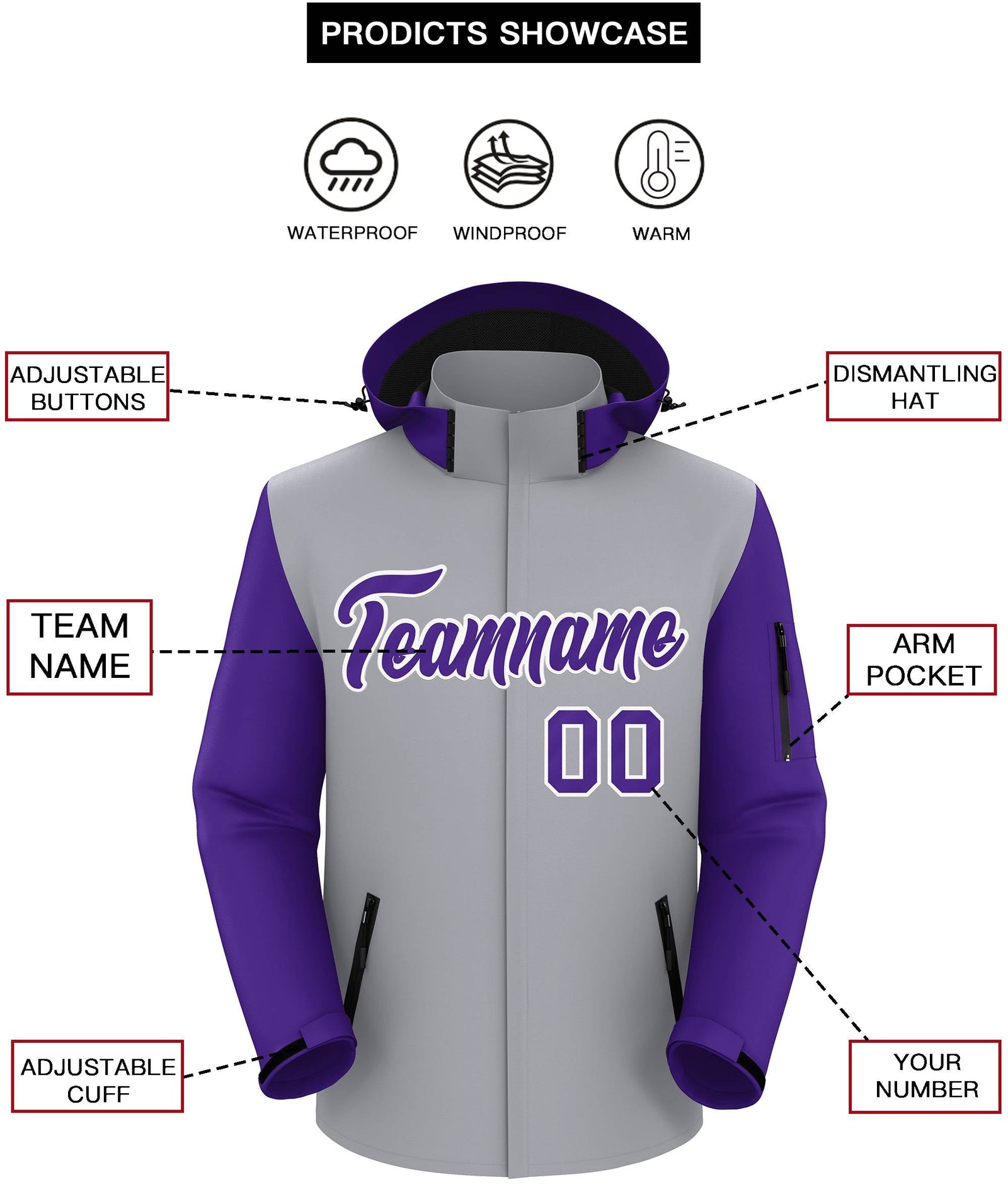 Custom Gray Purple-White Raglan Sleeves Waterproof Jacket
