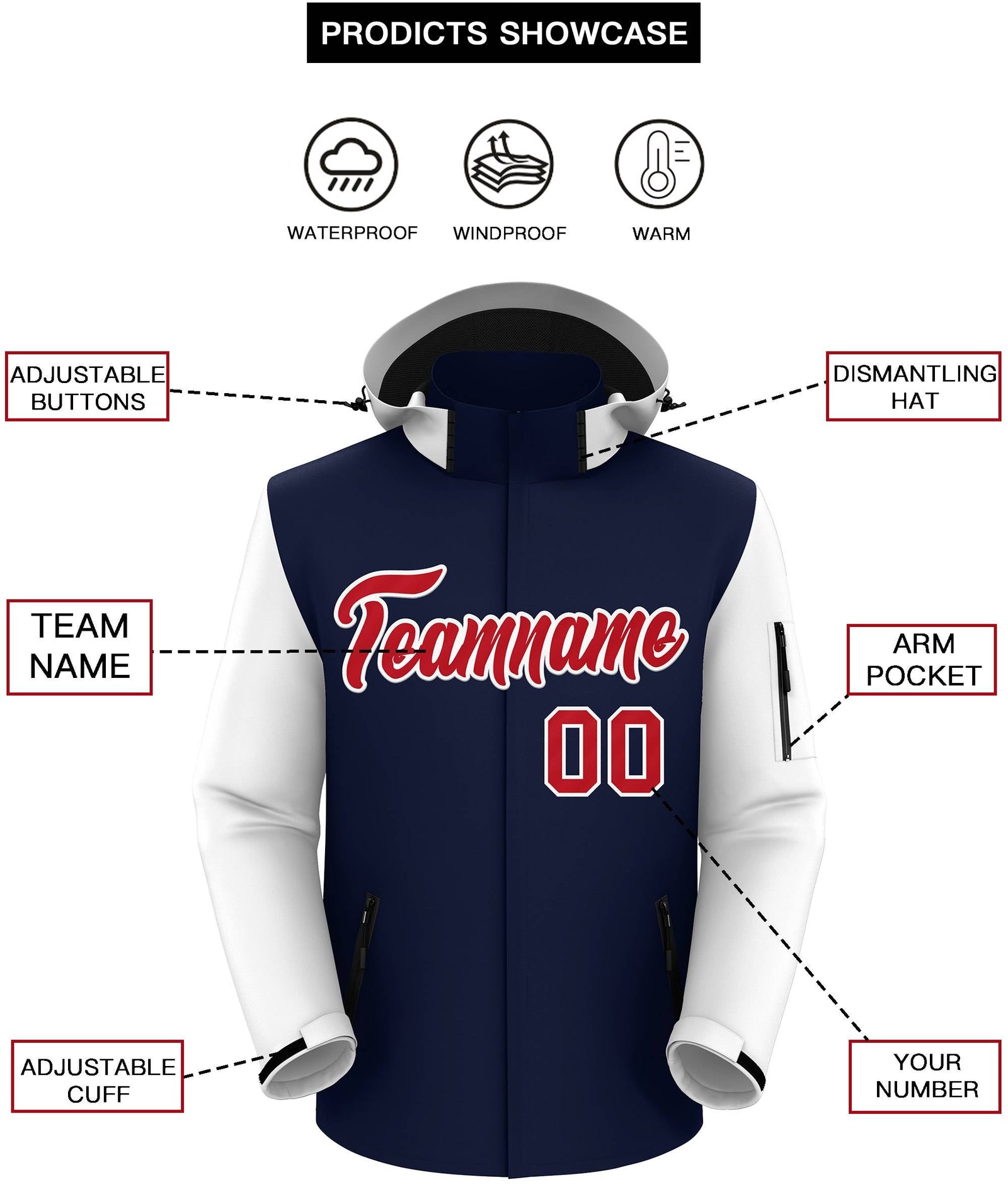 Custom Navy White-White Raglan Sleeves Waterproof Jacket