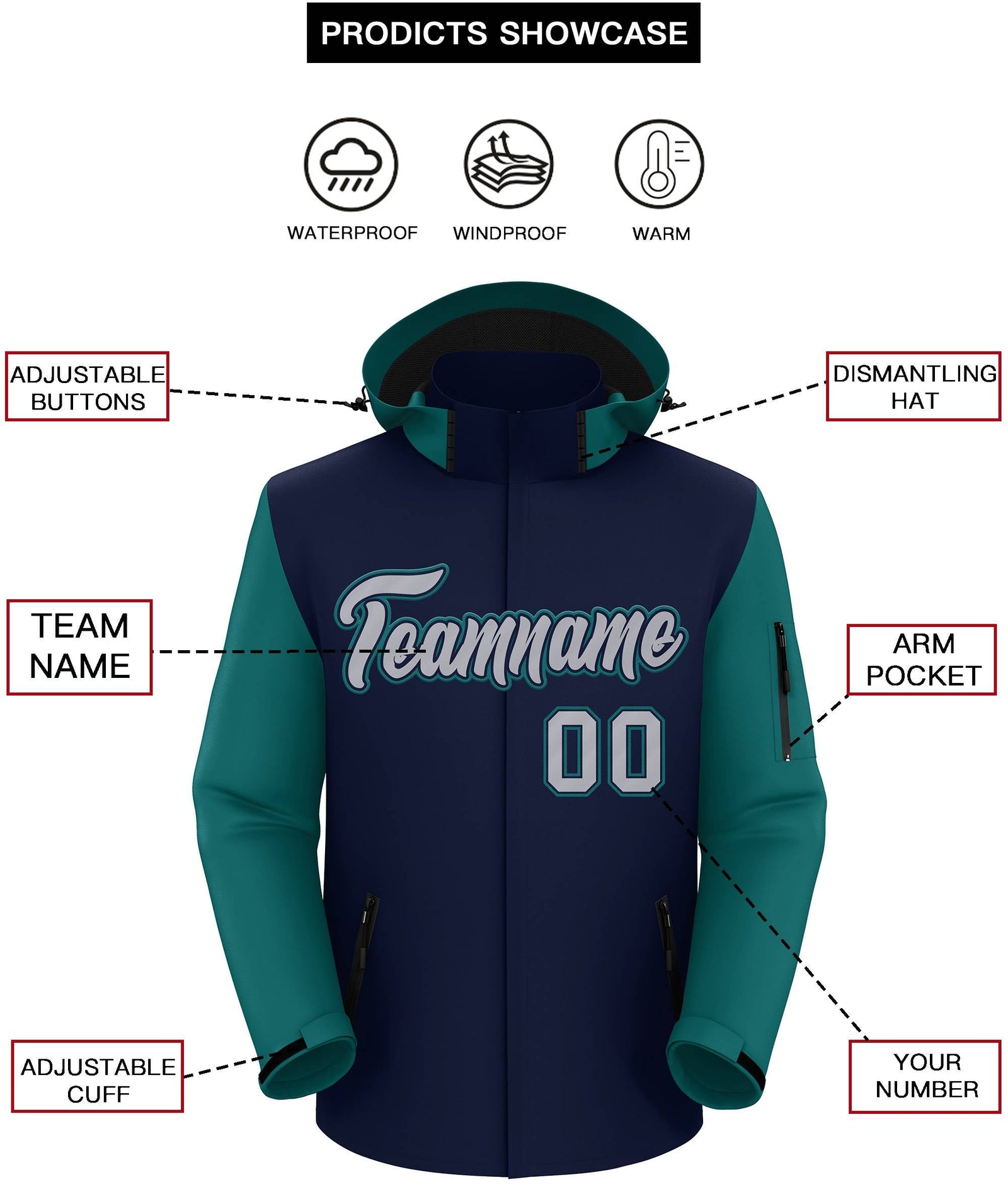 Custom Navy Teal-Gray Raglan Sleeves Waterproof Jacket