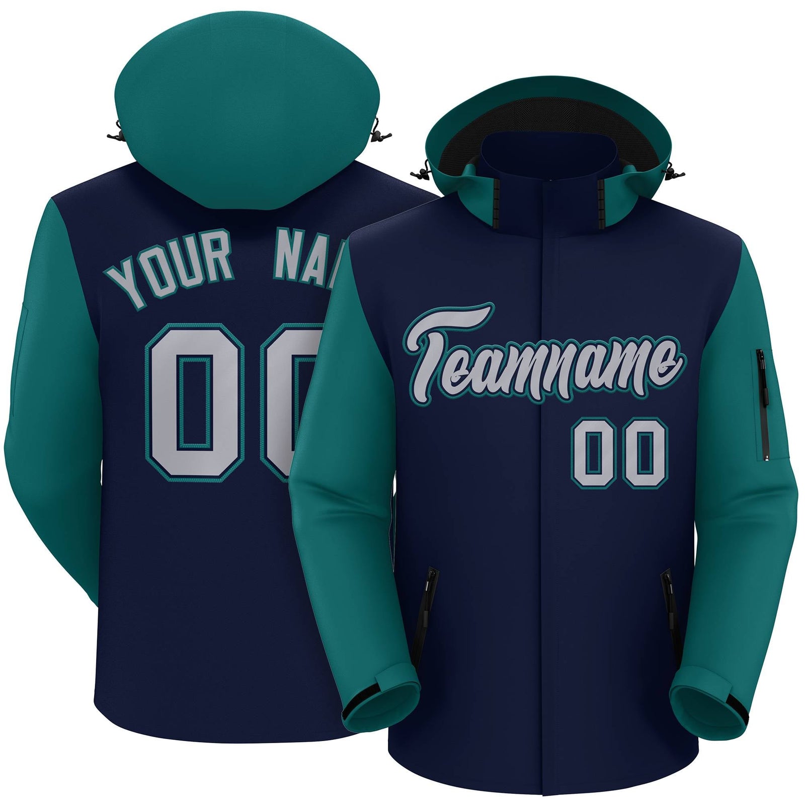 Custom Navy Teal-Gray Raglan Sleeves Waterproof Jacket