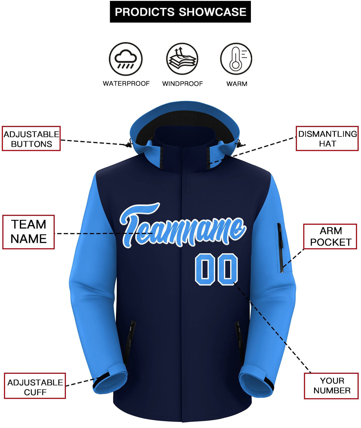 Custom Navy Powder Blue-White Raglan Sleeves Waterproof Jacket
