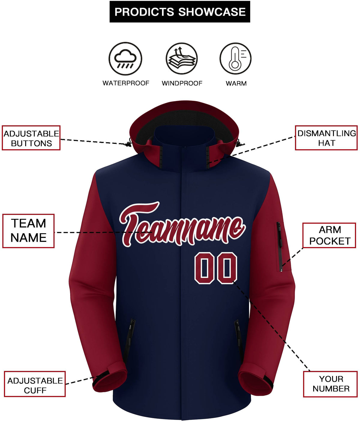 Custom Navy Crimson-White Raglan Sleeves Waterproof Jacket
