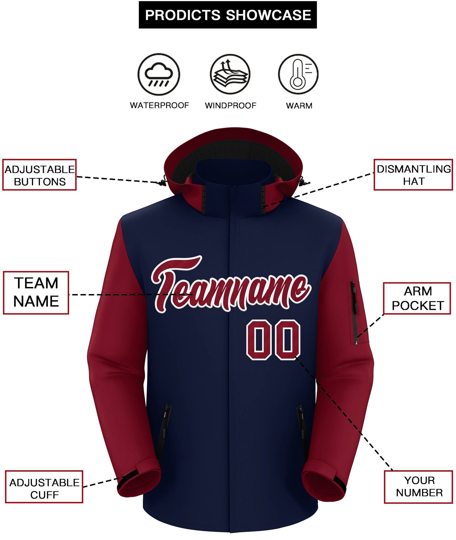 Custom Navy Crimson-White Raglan Sleeves Waterproof Jacket