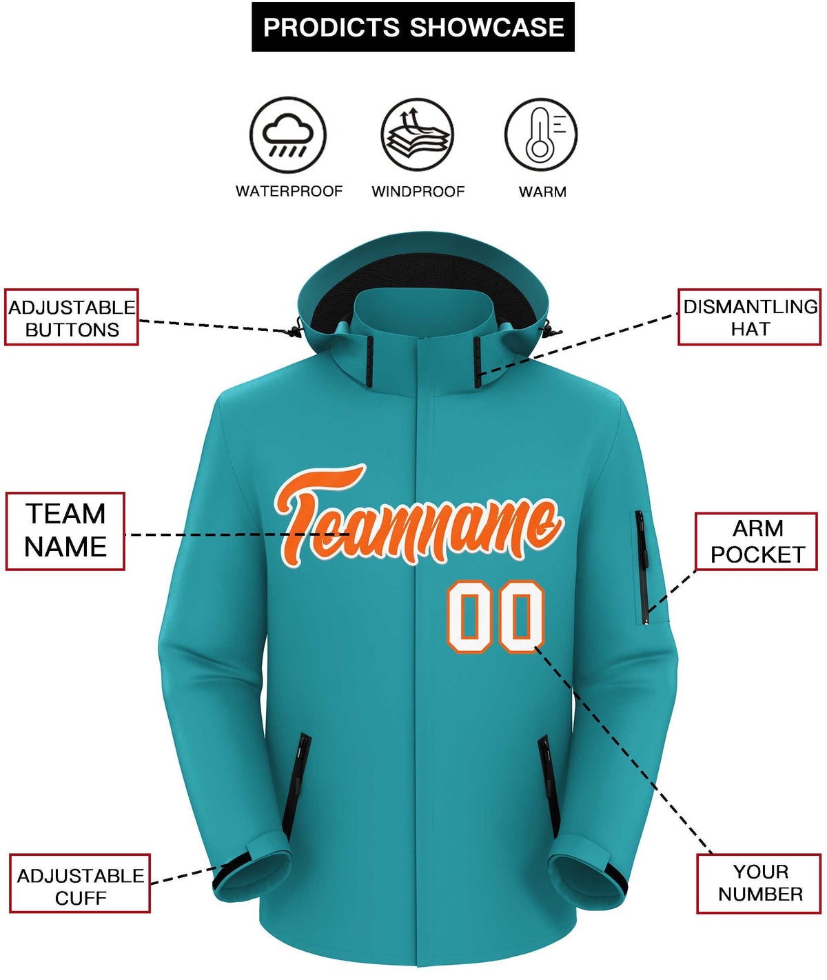 Custom Aqua Orange-White Classic Style Waterproof Jacket