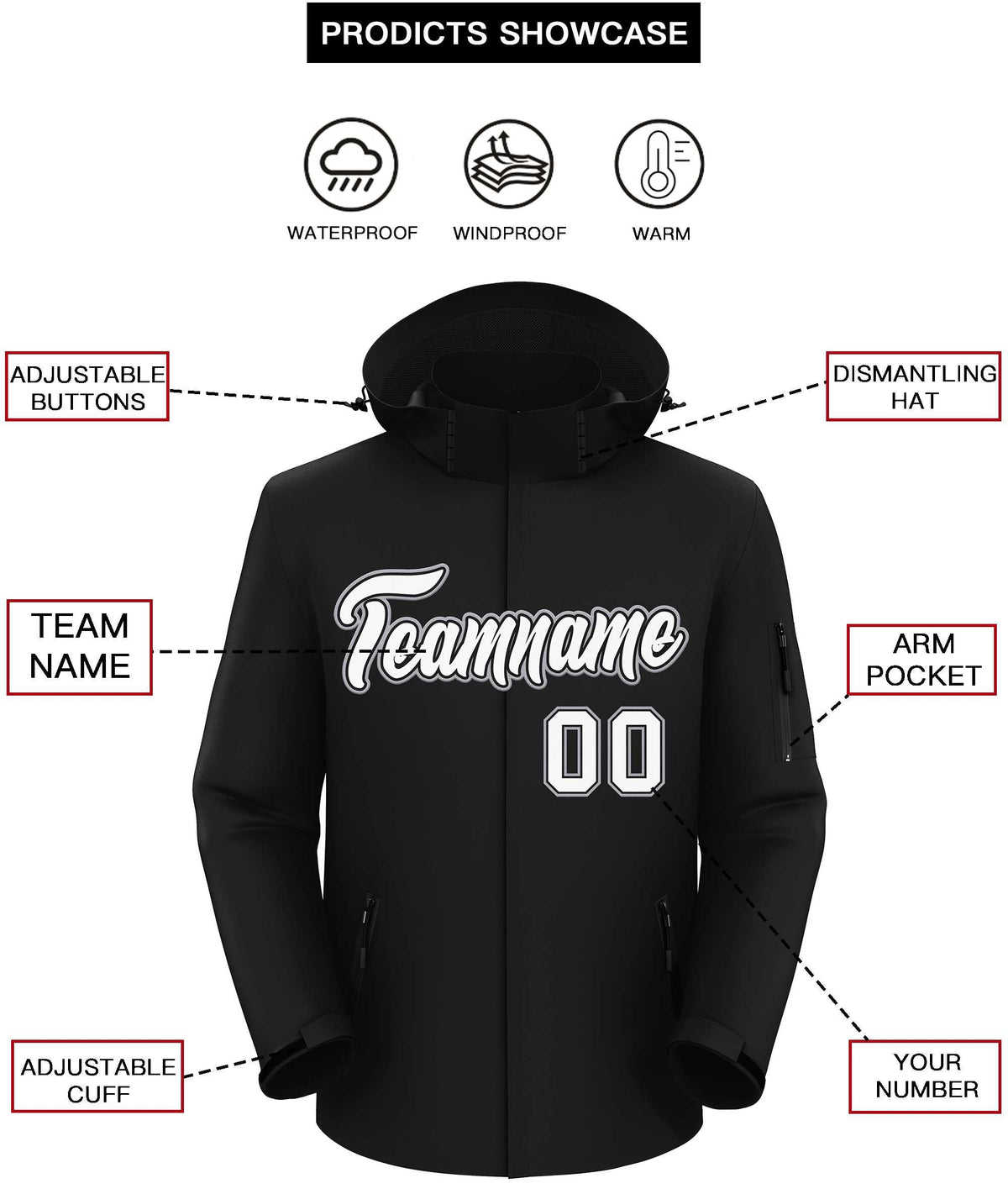 Custom Black White-Gray Classic Style Waterproof Jacket