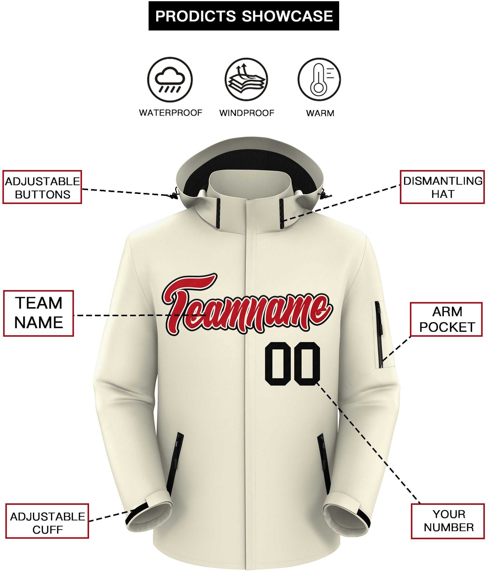 Custom Cream Red-Black Classic Style Waterproof Jacket