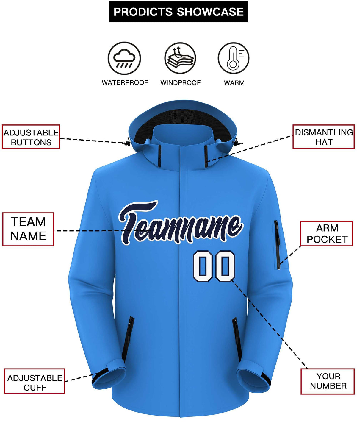 Custom Powder Blue Navy-White Classic Style Waterproof Jacket