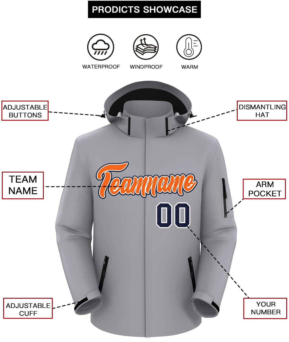 Custom Gray Orange-Navy Classic Style Waterproof Jacket