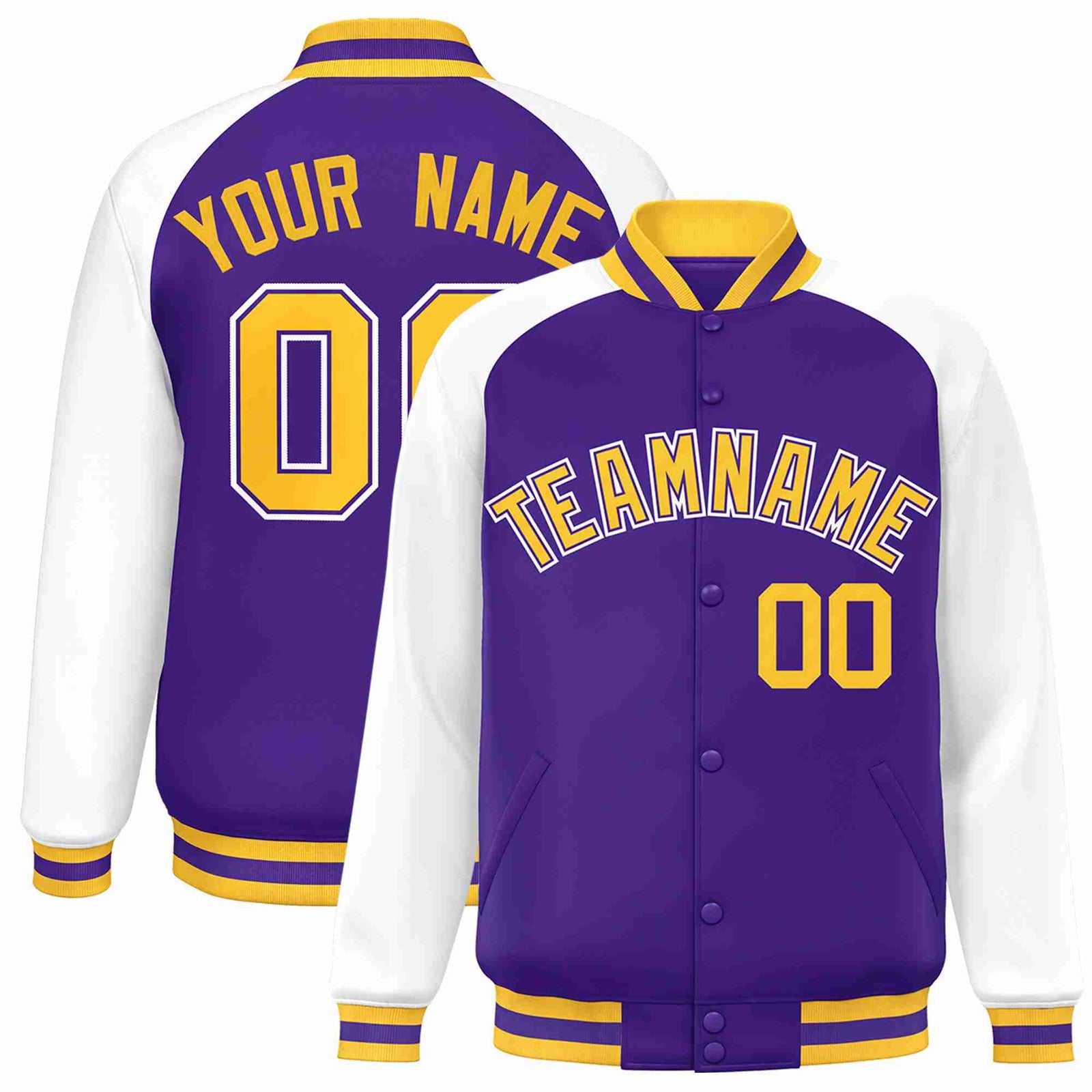 Custom Purple Gold-Purple Raglan Sleeves Varsity Full-Snap Letterman Jacket